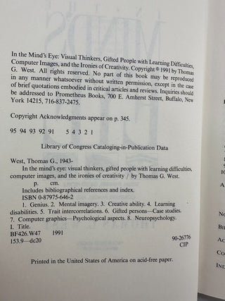 In the Mind's Eye Thomas G West 1991 Hardcover