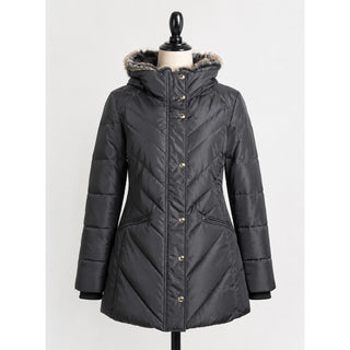 London Fog Womens L Black Down Puffer Coat Faux Fur Collar Quilted Winter