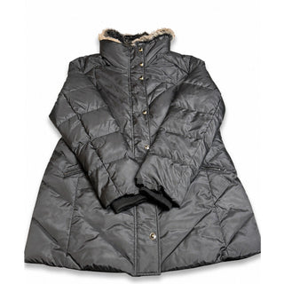 London Fog Womens L Black Down Puffer Coat Faux Fur Collar