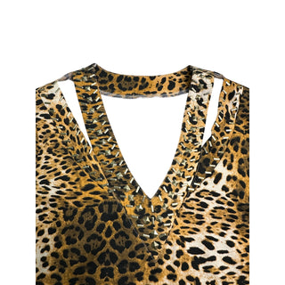 Womens Leopard Print Studded V Neck Long Sleeve Tunic Top Animal Print
