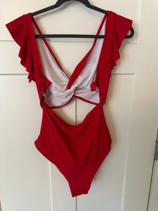 Red One-Piece Swimsuit with Ruffle Sleeves and Cutout Detail