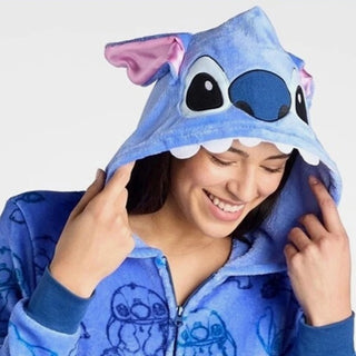 Disney Stitch Adult One Piece Pajamas Blue Hooded Zip-Up Lilo & Stitch (Size S)
