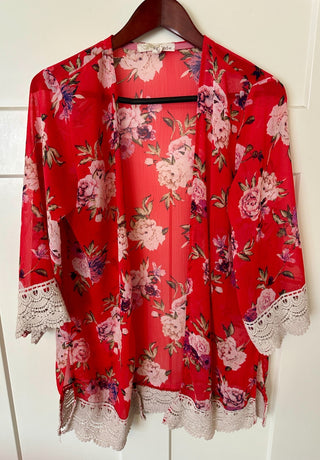 Rewind Red Floral Sheer Kimono with Crochet Lace Trim, Size