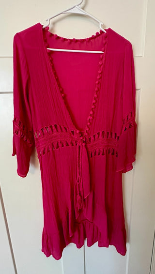 Shein Pink Ruffle Trim Bell Sleeve Dress with Tassel Tie