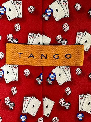 Tango Red Silk Tie with Playing Cards, Dice, and Poker Chips Pattern