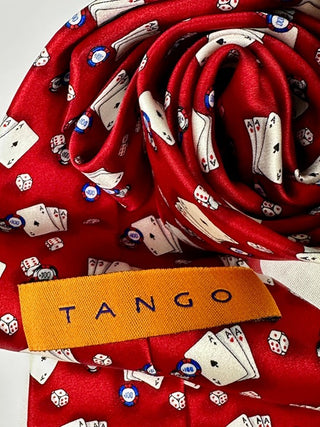 Tango Red Silk Tie with Playing Cards, Dice, and Poker Chips Pattern