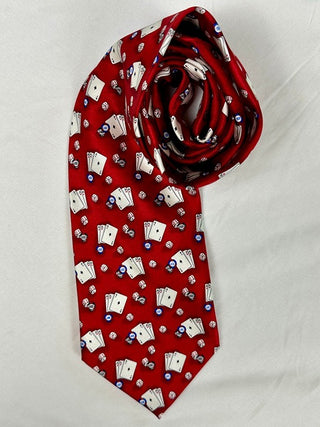Tango Red Silk Tie with Playing Cards, Dice, and Poker Chips Pattern