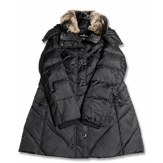 London Fog Womens Small Black Down Puffer Coat Faux Fur Hood Winter Jacket