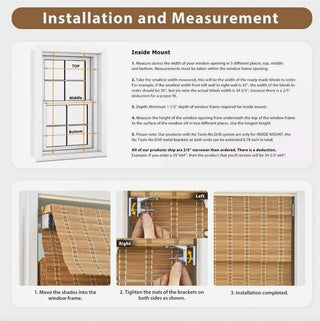 Natural Bamboo Cordless Roman Shade Window Blind with No-Drill Brackets