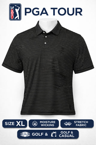 PGA TOUR Men's XL Black and White Striped Golf Polo Shirt
