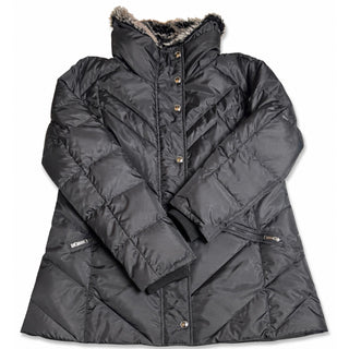 London Fog Womens L Black Down Puffer Coat Faux Fur Collar Quilted Winter