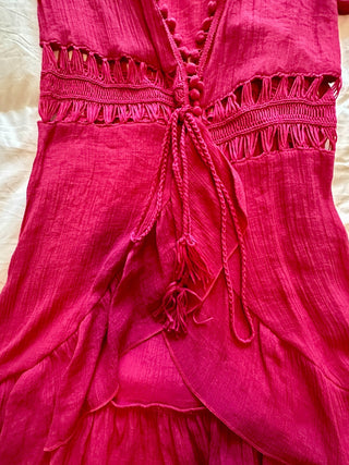 Shein Pink Ruffle Trim Bell Sleeve Dress with Tassel Tie