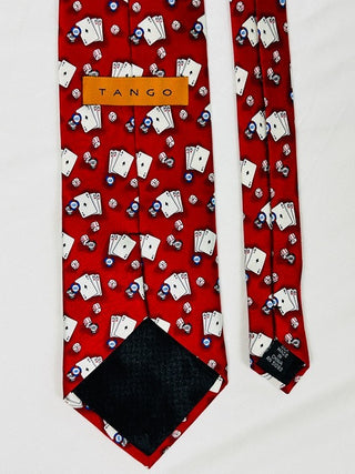 Tango Red Silk Tie with Playing Cards, Dice, and Poker Chips Pattern
