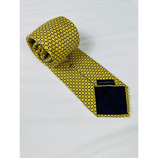 Lands’ End Men’s Silk Tie – Yellow & Navy Geometric Diamond Pattern – 57”