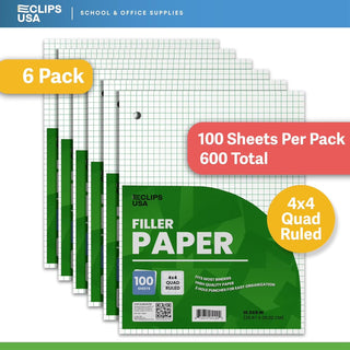 6 Pack E-Clips USA Graph Paper 4x4 Quad Ruled 10.5” x 8” 100 Sheet Each Notebook