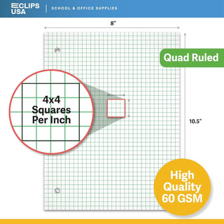6 Pack E-Clips USA Graph Paper 4x4 Quad Ruled 10.5” x 8” 100 Sheet Each Notebook