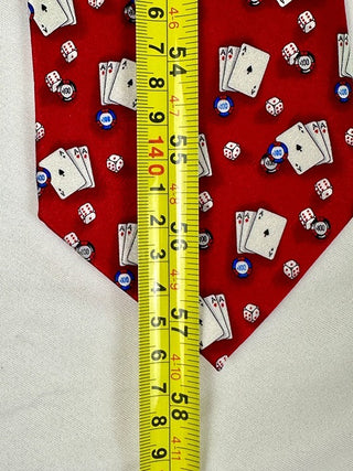 Tango Red Silk Tie with Playing Cards, Dice, and Poker Chips Pattern