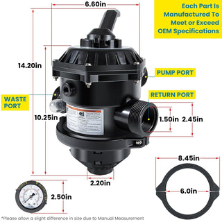 Sta-Rite 262506 6-Way Top Mount Clamp Style Control Valve with Gauge for Pool &