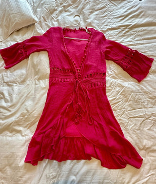 Shein Pink Ruffle Trim Bell Sleeve Dress with Tassel Tie