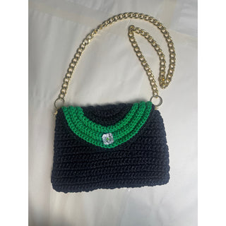 Handmade Crochet Purse Black Green Gold Chain Shoulder Bag Crystal Clasp