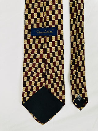 Oscar de la Renta 100% Silk Tie Burgundy Geometric Check Designer 57”