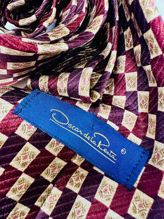Oscar de la Renta 100% Silk Tie Burgundy Geometric Check Designer 57”