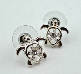 Silver Tone Turtle Stud Earrings with Clear Crystal Accent – Ocean/Beach Jewelry