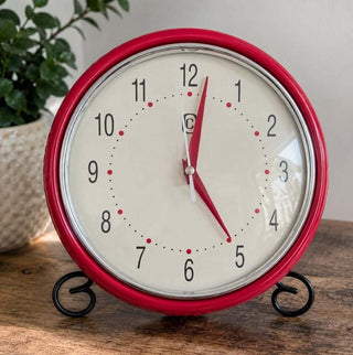 Vintage Red Round Table Clock with Black Metal Stand