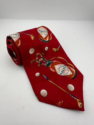 Tabasco Red Golf Themed Silk Tie with Golf Clubs and Balls