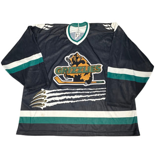 Vintage Bauer Grizzlies Hockey Jersey Mens Goalie Cut Made Canada Black Green