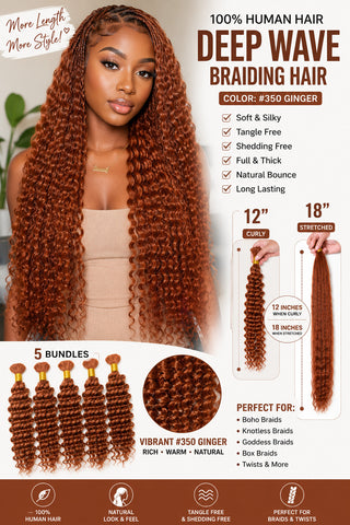 Deep Wave Braiding Hair 100% Human Hair 5 Bundles - Color #350 Ginger, 12 Inches