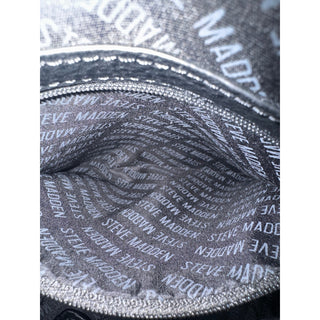 Steve Madden Black Embossed Logo Backpack Purse Gold Hardware Multi Pocket