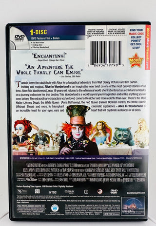 Alice in Wonderland (DVD, 2010, 1-Disc) Johnny Depp Tim Burton Disney