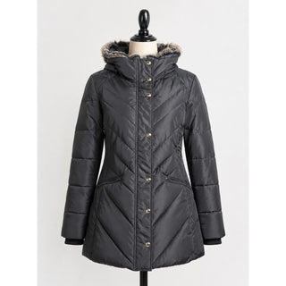 London Fog Womens L Black Down Puffer Coat Faux Fur Collar