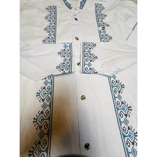 Mexican Guayabera Shirt Men’s White Blue Embroidered Cotton Made in Mexico