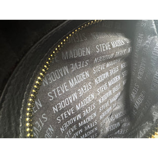 Steve Madden Black Embossed Logo Backpack Purse Gold Hardware Multi Pocket