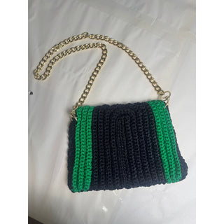 Handmade Crochet Purse Black Green Gold Chain Shoulder Bag Crystal Clasp