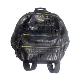 Steve Madden Black Embossed Logo Backpack Purse Gold Hardware Multi Pocket