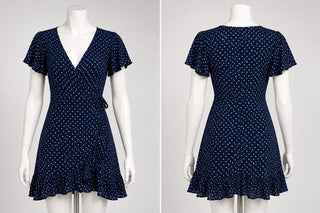Navy Blue Polka Dot Wrap Dress with Ruffle Hem, Size Medium