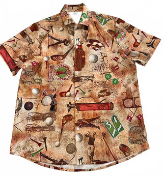 Vintage Golf Themed Short Sleeve Button-Up Shirt Medium