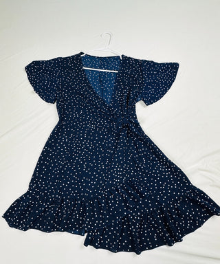 Navy Blue Polka Dot Wrap Dress with Ruffle Hem, Size Medium