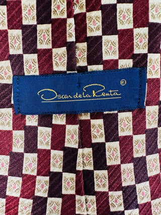 Oscar de la Renta 100% Silk Tie Burgundy Geometric Check Designer 57”