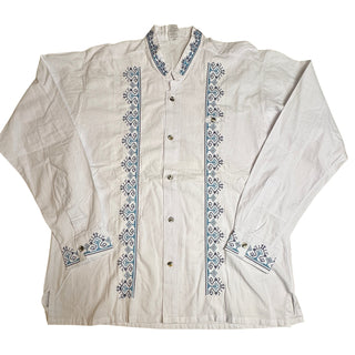 Mexican Guayabera Shirt Men’s White Blue Embroidered Cotton Made in Mexico