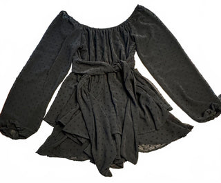 Altar’d State Black Swiss Dot Romper M Long Sleeve Tie Waist Boho Ruffle Shorts