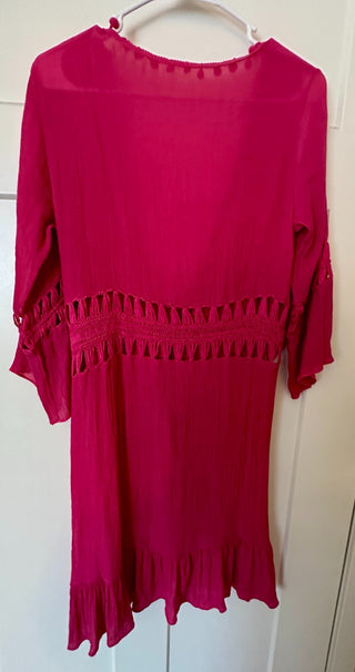 Shein Pink Ruffle Trim Bell Sleeve Dress with Tassel Tie