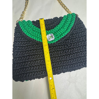 Handmade Crochet Purse Black Green Gold Chain Shoulder Bag Crystal Clasp