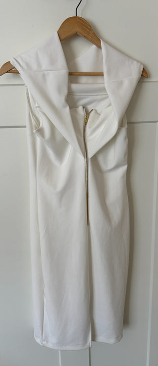 Rebecca B. White Sleeveless Midi Dress with Draped Neckline