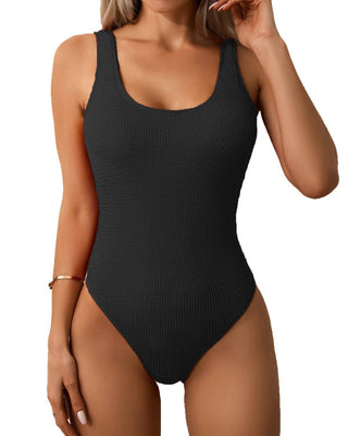 Limeeke Women's 2XL Black Ribbed One Piece Swimsuit Low Back