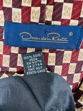 Oscar de la Renta 100% Silk Tie Burgundy Geometric Check Designer 57”