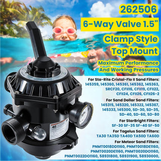 Sta-Rite 262506 6-Way Top Mount Clamp Style Control Valve with Gauge for Pool &